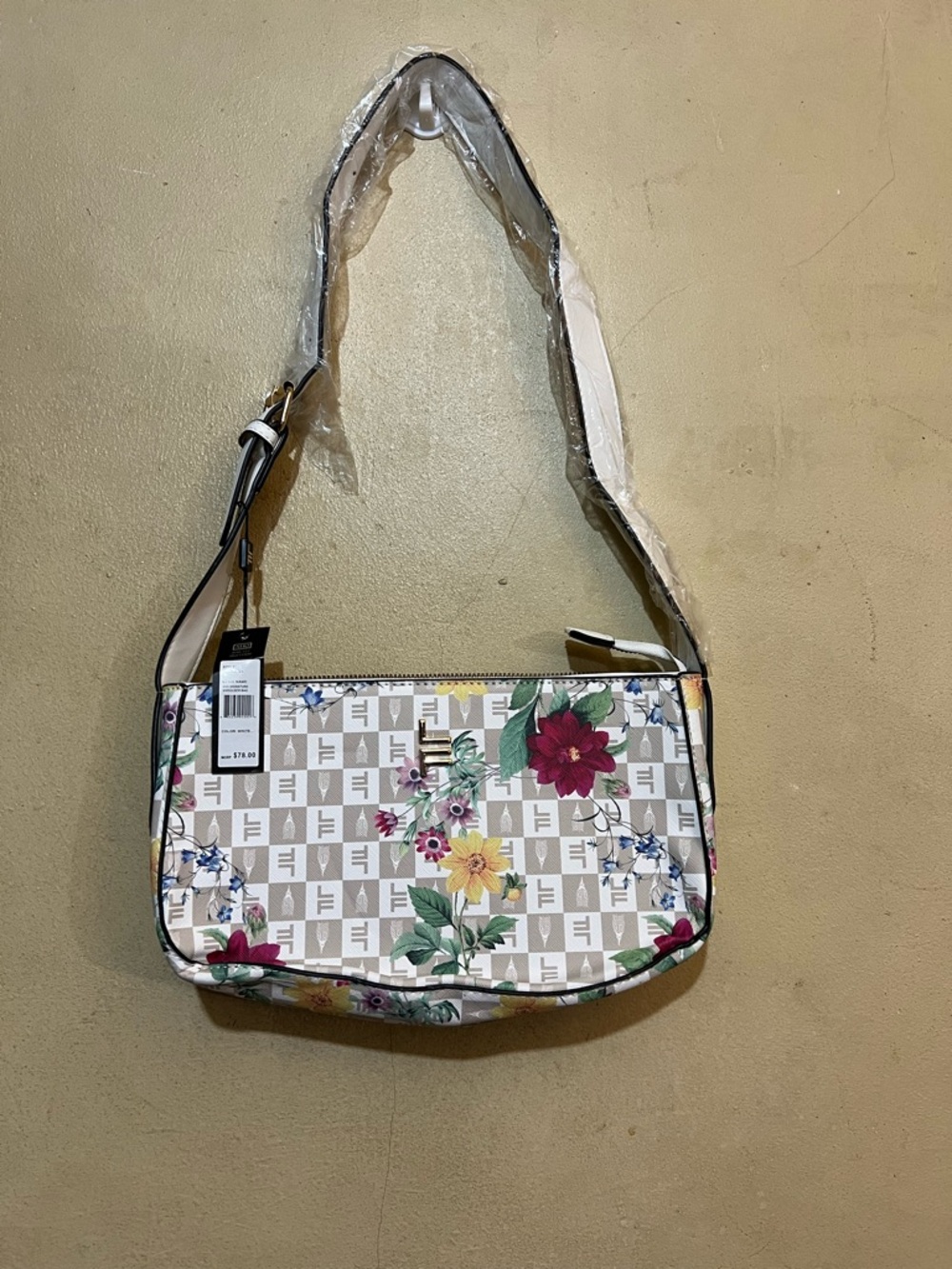 London Fog Floral Logo Shoulder Bag in Cream with Multicolor Blooms